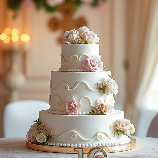 A beautifully decorated wedding cake with blurred background.