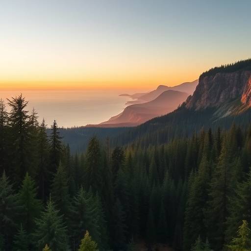 A panoramic image of the Olympic National Park showcasing the dense forest and rugged coastline during the golden hour.