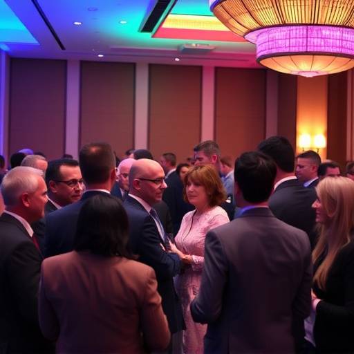A vibrant photo capturing a corporate event with attendees networking and engaging in a lively conversation at the Hyatt Regency in Bellevue.