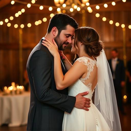 Candid moment of a groom whispering to his bride during their first dance at a rustic barn wedding in Snohomish.