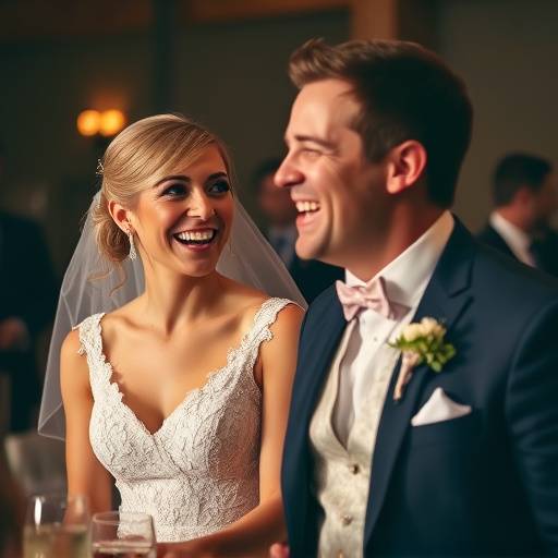 Candid shot of a bride and groom laughing during their wedding reception.