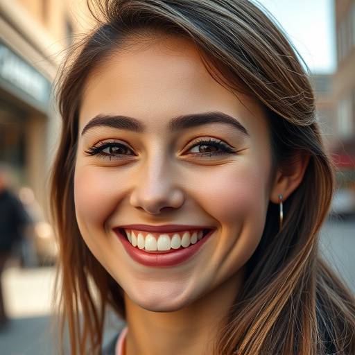 Close-up portrait of a young woman with natural light, showcasing her warm smile and radiant skin in downtown Seattle.