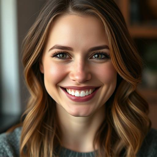 Close-up portrait of Emily Carter, the founder and lead photographer of Aurora Photography Studio, with a warm and inviting smile.