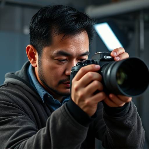 David Lee, Senior Photographer at Aurora Photography Studio, focusing intently while adjusting the settings on his professional camera.