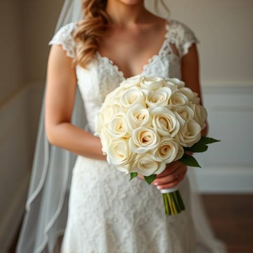 Elegant bride in a lace gown, holding a bouquet of white roses during a Bellingham wedding ceremony.