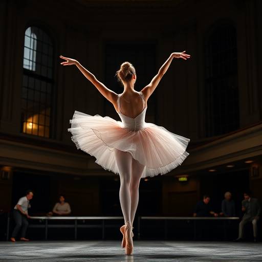 Full-body portrait of a talented ballerina in a graceful pose at the Paramount Theatre in Seattle, capturing her elegance and skill.