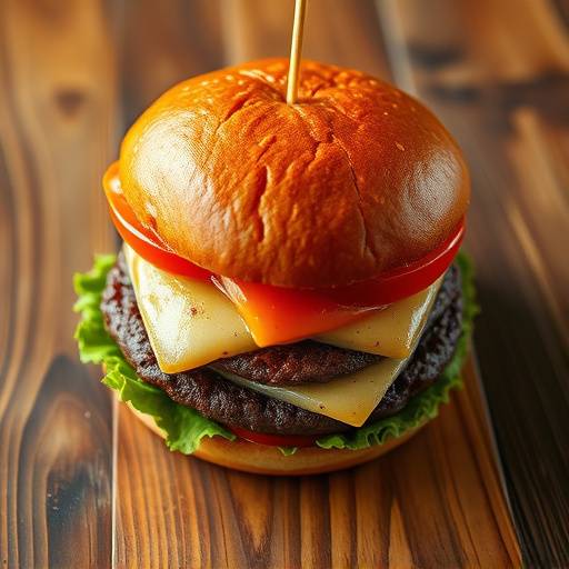 High angle shot of a gourmet burger on a wooden table.