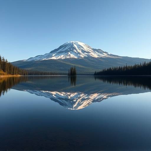Majestic view of Mount Rainier reflected in a serene lake, capturing the stunning beauty of the Pacific Northwest wilderness.