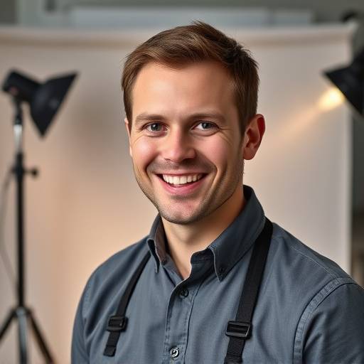 Michael Brown, Studio Manager at Aurora Photography Studio, smiling warmly in front of a well-organized studio backdrop.