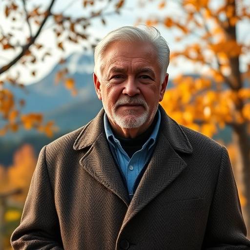 Outdoor portrait of a senior man with a distinguished appearance, wearing a tweed jacket against a backdrop of autumn leaves in the Cascade Mountains.