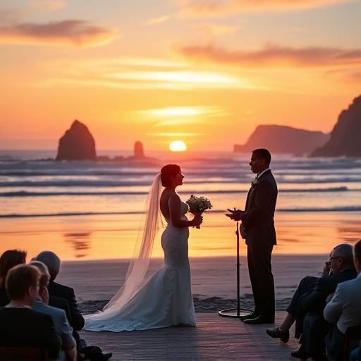 Panoramic view of a wedding ceremony held on a scenic beach at sunset, capturing the romantic atmosphere and the natural beauty of the Pacific coast near Astoria, Oregon.