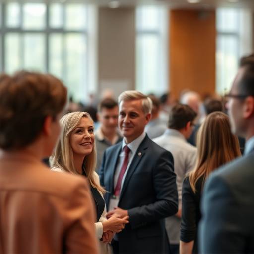 Photograph of a business conference with people networking.